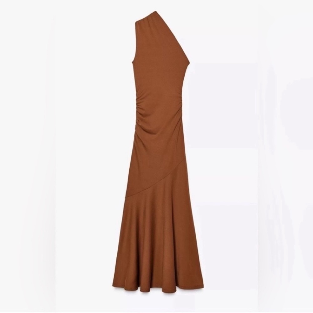 One-Shoulder Brown Maxi Dress with Side Ruching - Picture 10 of 13